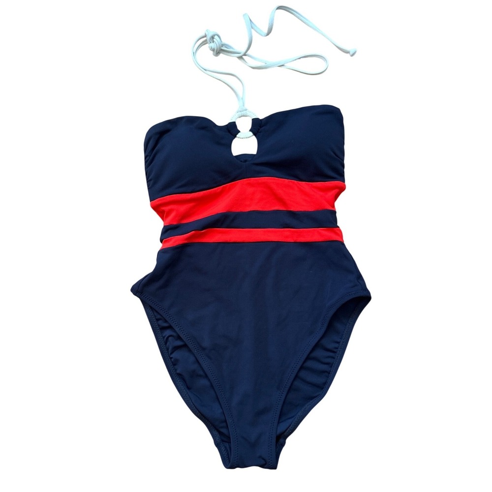 Robin‎ Piccone One Piece Swimsuit Womens Navy Red Nautical Halter SIZE 4